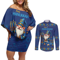 Hanukkah Jewish Star of David Couples Matching Off Shoulder Short Dress and Long Sleeve Button Shirt Chilling With My Gnomies LT9 - Wonder Print Shop