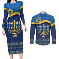 Love and Light Hanukkah Couples Matching Long Sleeve Bodycon Dress and Long Sleeve Button Shirt The Hanukkiah Menorah Pattern LT9 - Wonder Print Shop