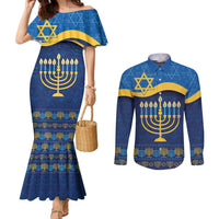 Love and Light Hanukkah Couples Matching Mermaid Dress and Long Sleeve Button Shirt The Hanukkiah Menorah Pattern