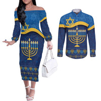 Love and Light Hanukkah Couples Matching Off The Shoulder Long Sleeve Dress and Long Sleeve Button Shirt The Hanukkiah Menorah Pattern