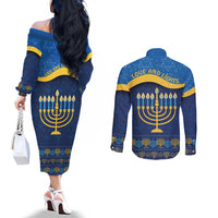 Love and Light Hanukkah Couples Matching Off The Shoulder Long Sleeve Dress and Long Sleeve Button Shirt The Hanukkiah Menorah Pattern