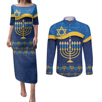 Love and Light Hanukkah Couples Matching Puletasi and Long Sleeve Button Shirt The Hanukkiah Menorah Pattern LT9 - Wonder Print Shop
