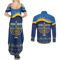 Love and Light Hanukkah Couples Matching Summer Maxi Dress and Long Sleeve Button Shirt The Hanukkiah Menorah Pattern LT9 - Wonder Print Shop