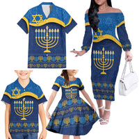 Love and Light Hanukkah Family Matching Off The Shoulder Long Sleeve Dress and Hawaiian Shirt The Hanukkiah Menorah Pattern - Wonder Print Shop