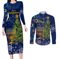 Merry Chrismukkah Couples Matching Long Sleeve Bodycon Dress and Long Sleeve Button Shirt Merry Christmas and Happy Hanukkah LT9 - Wonder Print Shop