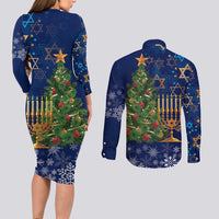 Merry Chrismukkah Couples Matching Long Sleeve Bodycon Dress and Long Sleeve Button Shirt Merry Christmas and Happy Hanukkah LT9 - Wonder Print Shop