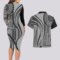 Samoa Siapo Arty Couples Matching Long Sleeve Bodycon Dress and Hawaiian Shirt Black Style LT9 - Wonder Print Shop