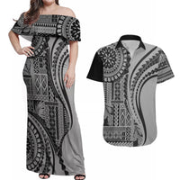 Samoa Siapo Arty Couples Matching Off Shoulder Maxi Dress and Hawaiian Shirt Black Style LT9 - Wonder Print Shop