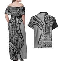 Samoa Siapo Arty Couples Matching Off Shoulder Maxi Dress and Hawaiian Shirt Black Style LT9 - Wonder Print Shop