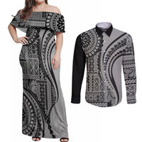 Samoa Siapo Arty Couples Matching Off Shoulder Maxi Dress and Long Sleeve Button Shirt Black Style LT9 - Wonder Print Shop