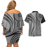 Samoa Siapo Arty Couples Matching Off Shoulder Short Dress and Hawaiian Shirt Black Style LT9 - Wonder Print Shop