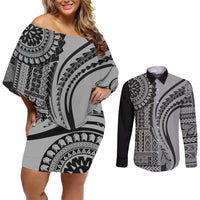 Samoa Siapo Arty Couples Matching Off Shoulder Short Dress and Long Sleeve Button Shirt Black Style LT9 - Wonder Print Shop