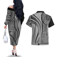 Samoa Siapo Arty Couples Matching Off The Shoulder Long Sleeve Dress and Hawaiian Shirt Black Style LT9 - Wonder Print Shop