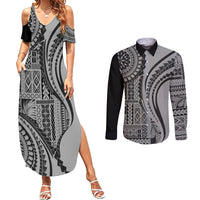 Samoa Siapo Arty Couples Matching Summer Maxi Dress and Long Sleeve Button Shirt Black Style LT9 - Wonder Print Shop