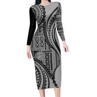 Samoa Siapo Arty Family Matching Long Sleeve Bodycon Dress and Hawaiian Shirt Black Style LT9 - Wonder Print Shop