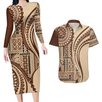 Samoa Siapo Arty Couples Matching Long Sleeve Bodycon Dress and Hawaiian Shirt Brown Style LT9 - Wonder Print Shop