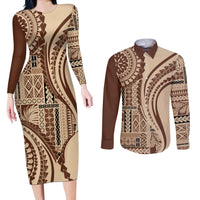 Samoa Siapo Arty Couples Matching Long Sleeve Bodycon Dress and Long Sleeve Button Shirt Brown Style LT9 - Wonder Print Shop