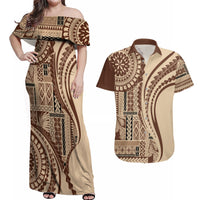 Samoa Siapo Arty Couples Matching Off Shoulder Maxi Dress and Hawaiian Shirt Brown Style LT9 - Wonder Print Shop