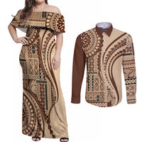 Samoa Siapo Arty Couples Matching Off Shoulder Maxi Dress and Long Sleeve Button Shirt Brown Style LT9 - Wonder Print Shop