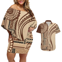 Samoa Siapo Arty Couples Matching Off Shoulder Short Dress and Hawaiian Shirt Brown Style LT9 - Wonder Print Shop