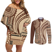 Samoa Siapo Arty Couples Matching Off Shoulder Short Dress and Long Sleeve Button Shirt Brown Style LT9 - Wonder Print Shop