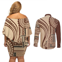 Samoa Siapo Arty Couples Matching Off Shoulder Short Dress and Long Sleeve Button Shirt Brown Style LT9 - Wonder Print Shop