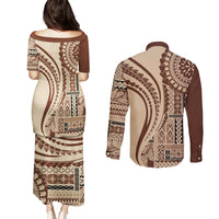 Samoa Siapo Arty Couples Matching Puletasi Dress and Long Sleeve Button Shirt Brown Style LT9 - Wonder Print Shop