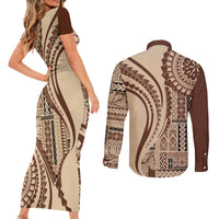 Samoa Siapo Arty Couples Matching Short Sleeve Bodycon Dress and Long Sleeve Button Shirt Brown Style LT9 - Wonder Print Shop