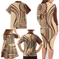 Samoa Siapo Arty Family Matching Long Sleeve Bodycon Dress and Hawaiian Shirt Brown Style LT9 - Wonder Print Shop