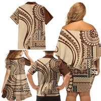 Samoa Siapo Arty Family Matching Off Shoulder Short Dress and Hawaiian Shirt Brown Style LT9 - Wonder Print Shop
