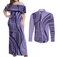 Samoa Siapo Arty Couples Matching Off Shoulder Maxi Dress and Long Sleeve Button Shirt Purple Style LT9 - Wonder Print Shop