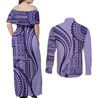 Samoa Siapo Arty Couples Matching Off Shoulder Maxi Dress and Long Sleeve Button Shirt Purple Style LT9 - Wonder Print Shop