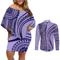 Samoa Siapo Arty Couples Matching Off Shoulder Short Dress and Long Sleeve Button Shirt Purple Style LT9 - Wonder Print Shop