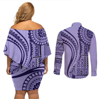 Samoa Siapo Arty Couples Matching Off Shoulder Short Dress and Long Sleeve Button Shirt Purple Style LT9 - Wonder Print Shop
