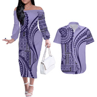 Samoa Siapo Arty Couples Matching Off The Shoulder Long Sleeve Dress and Hawaiian Shirt Purple Style LT9 - Wonder Print Shop