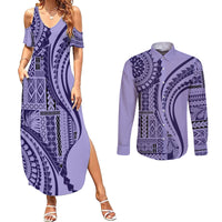 Samoa Siapo Arty Couples Matching Summer Maxi Dress and Long Sleeve Button Shirt Purple Style LT9 - Wonder Print Shop