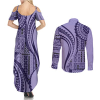 Samoa Siapo Arty Couples Matching Summer Maxi Dress and Long Sleeve Button Shirt Purple Style LT9 - Wonder Print Shop