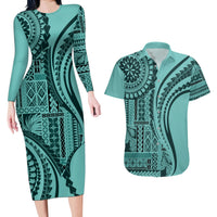Samoa Siapo Arty Couples Matching Long Sleeve Bodycon Dress and Hawaiian Shirt Turquoise Style LT9 - Wonder Print Shop