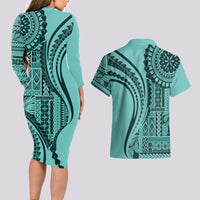 Samoa Siapo Arty Couples Matching Long Sleeve Bodycon Dress and Hawaiian Shirt Turquoise Style LT9 - Wonder Print Shop