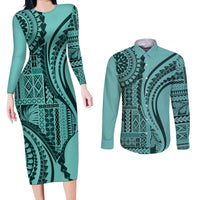 Samoa Siapo Arty Couples Matching Long Sleeve Bodycon Dress and Long Sleeve Button Shirt Turquoise Style LT9 - Wonder Print Shop
