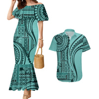 Samoa Siapo Arty Couples Matching Mermaid Dress and Hawaiian Shirt Turquoise Style LT9 - Wonder Print Shop