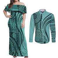 Samoa Siapo Arty Couples Matching Off Shoulder Maxi Dress and Long Sleeve Button Shirt Turquoise Style LT9 - Wonder Print Shop