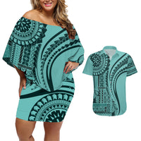 Samoa Siapo Arty Couples Matching Off Shoulder Short Dress and Hawaiian Shirt Turquoise Style LT9 - Wonder Print Shop