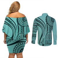 Samoa Siapo Arty Couples Matching Off Shoulder Short Dress and Long Sleeve Button Shirt Turquoise Style LT9 - Wonder Print Shop