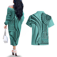 Samoa Siapo Arty Couples Matching Off The Shoulder Long Sleeve Dress and Hawaiian Shirt Turquoise Style LT9 - Wonder Print Shop