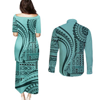 Samoa Siapo Arty Couples Matching Puletasi Dress and Long Sleeve Button Shirt Turquoise Style LT9 - Wonder Print Shop