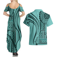 Samoa Siapo Arty Couples Matching Summer Maxi Dress and Hawaiian Shirt Turquoise Style LT9 - Wonder Print Shop