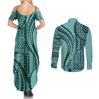 Samoa Siapo Arty Couples Matching Summer Maxi Dress and Long Sleeve Button Shirt Turquoise Style LT9 - Wonder Print Shop
