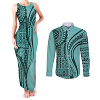 Samoa Siapo Arty Couples Matching Tank Maxi Dress and Long Sleeve Button Shirt Turquoise Style LT9 - Wonder Print Shop