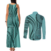 Samoa Siapo Arty Couples Matching Tank Maxi Dress and Long Sleeve Button Shirt Turquoise Style LT9 - Wonder Print Shop
